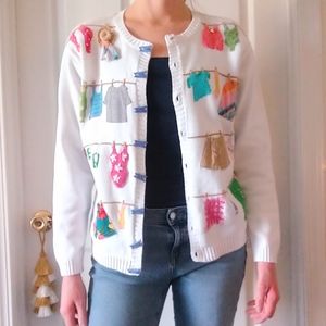 Vintage Talbots Cardigan Sweater Clothesline Embroidered 3D Doll
